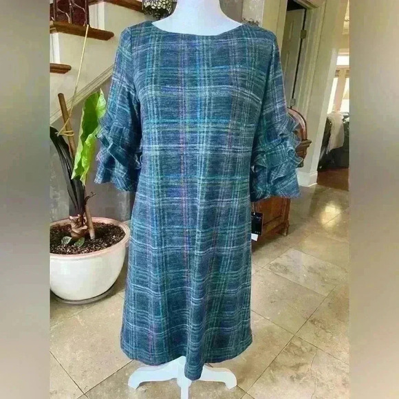 Gabby Skye Shift Dress Navy Size 6 Violet Plaid Ruffle Sleeves Cozy Fall Career - Picture 1 of 16